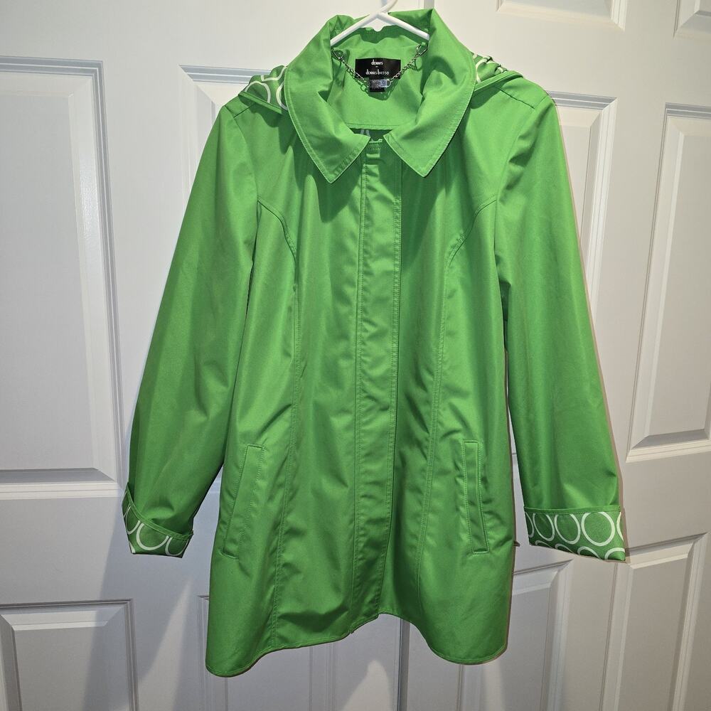 Dennis Basso Water Resistant Hooded Raincoat Trench Jacket Print Trim Size XL